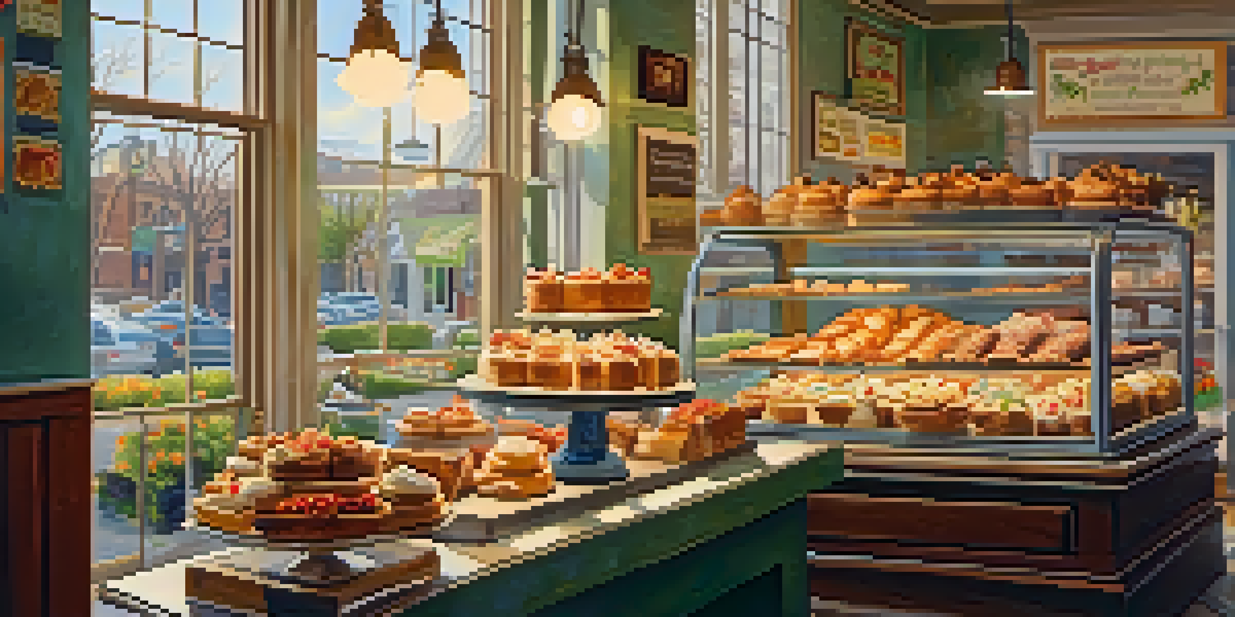 A cozy bakery filled with colorful pastries and cakes, illuminated by sunlight.