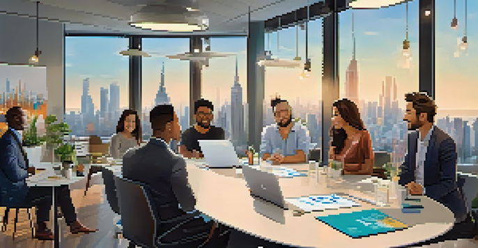 A diverse group of entrepreneurs presenting their ideas in a bright modern office to a panel of venture capitalists.