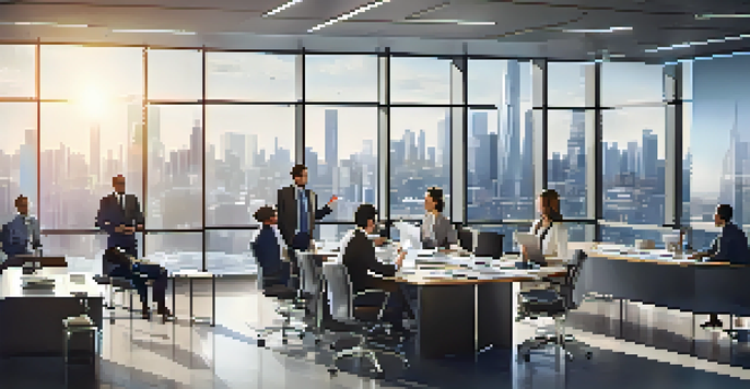 A diverse group of professionals discussing a business continuity plan in a bright, modern office.