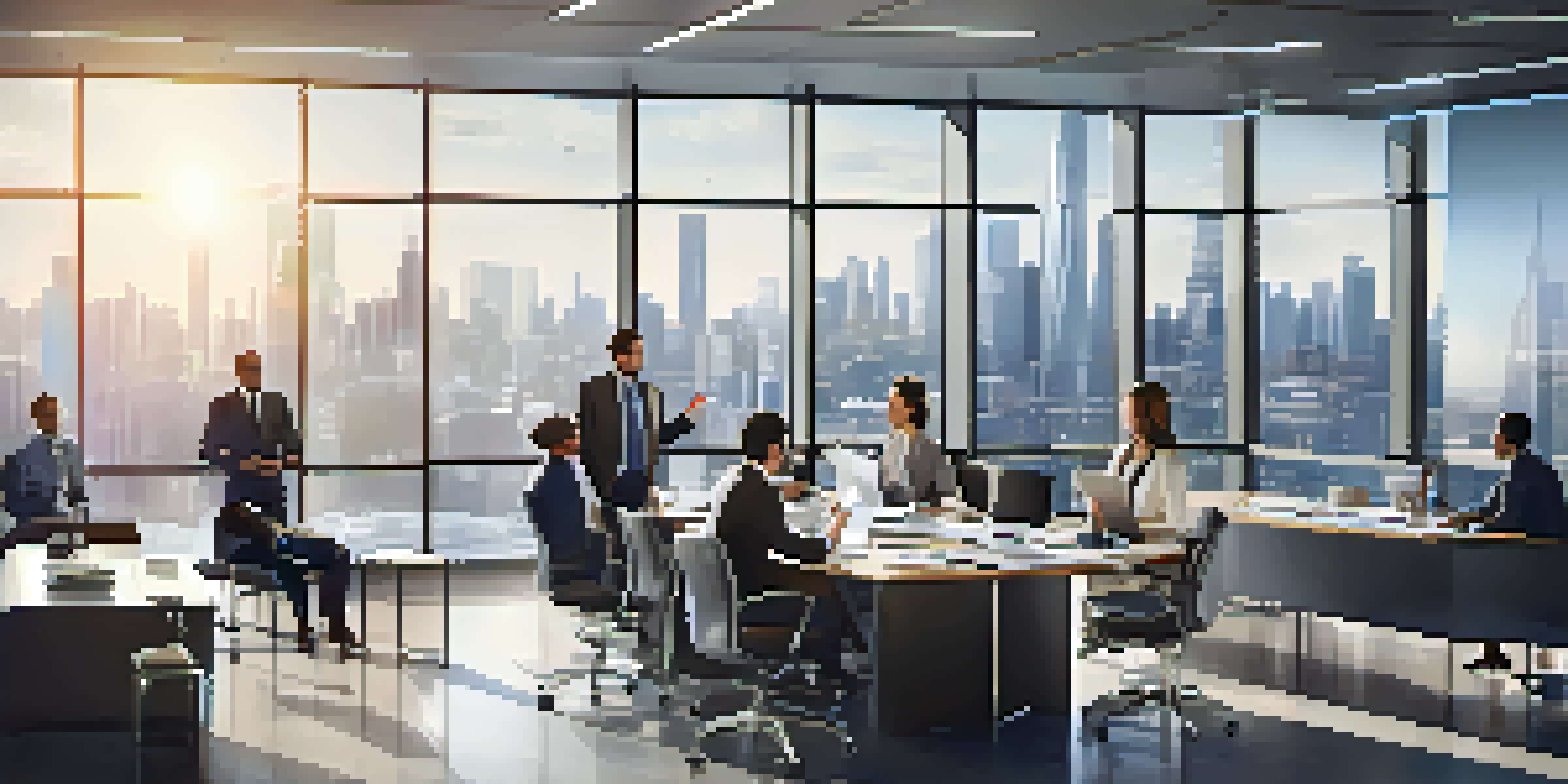 A diverse group of professionals discussing a business continuity plan in a bright, modern office.