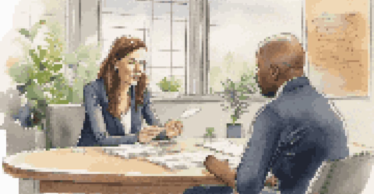 A business owner and a trusted employee discussing succession planning at a round table in a warm meeting room, with plants and a whiteboard in the background.