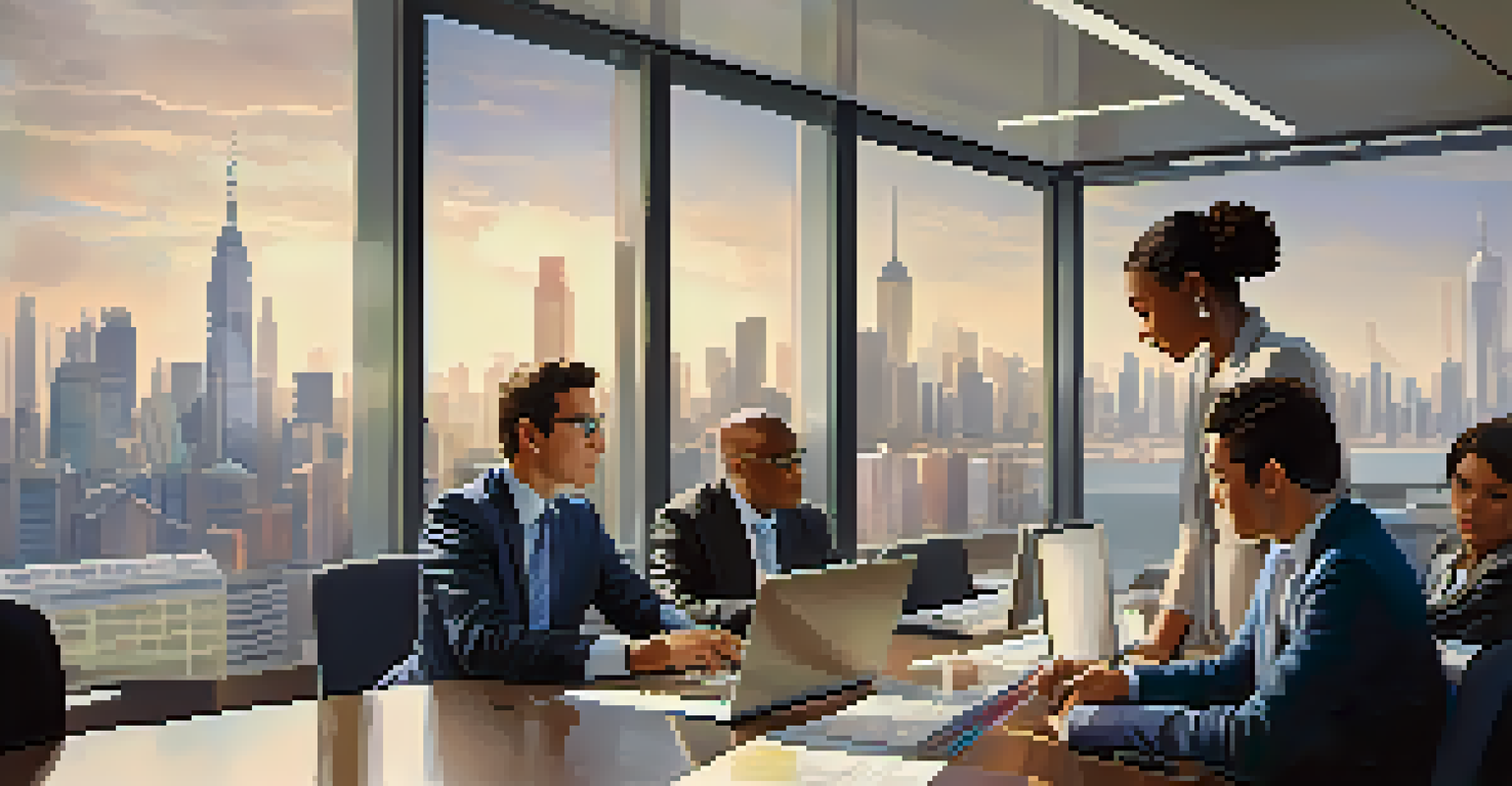 A group of export managers working together in a modern office, reviewing trade agreement documents.
