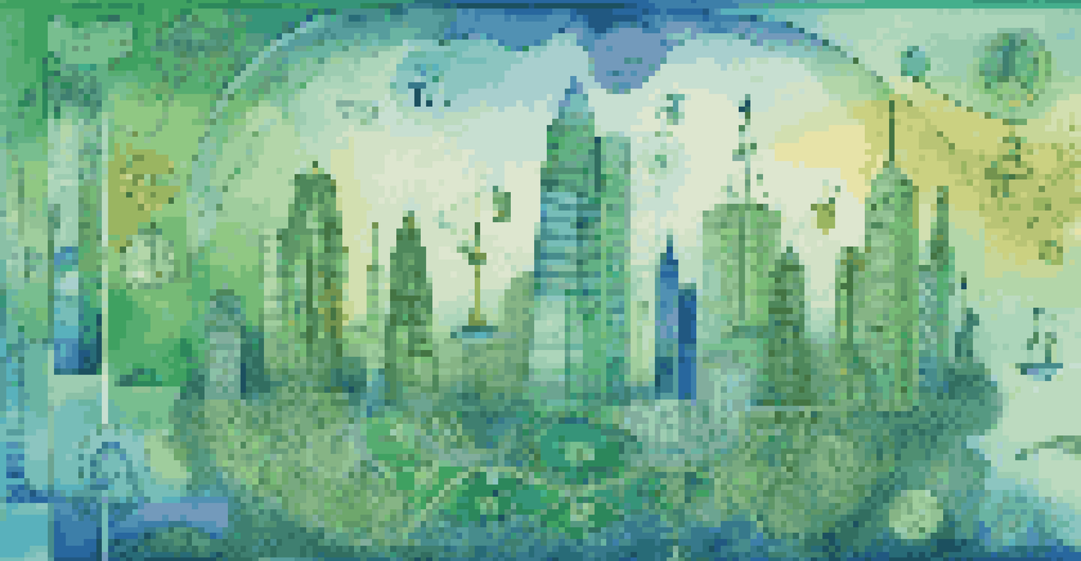 An abstract image representing risk assessment in M&A, with a balanced scale featuring financial symbols and cultural icons against a cityscape.