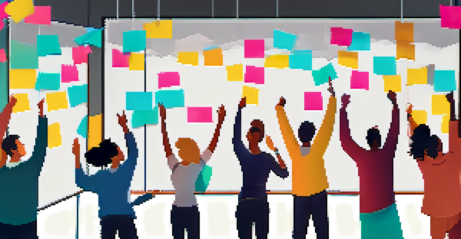 A team celebrating at a digital innovation workshop, with hands raised and colorful sticky notes on a wall.