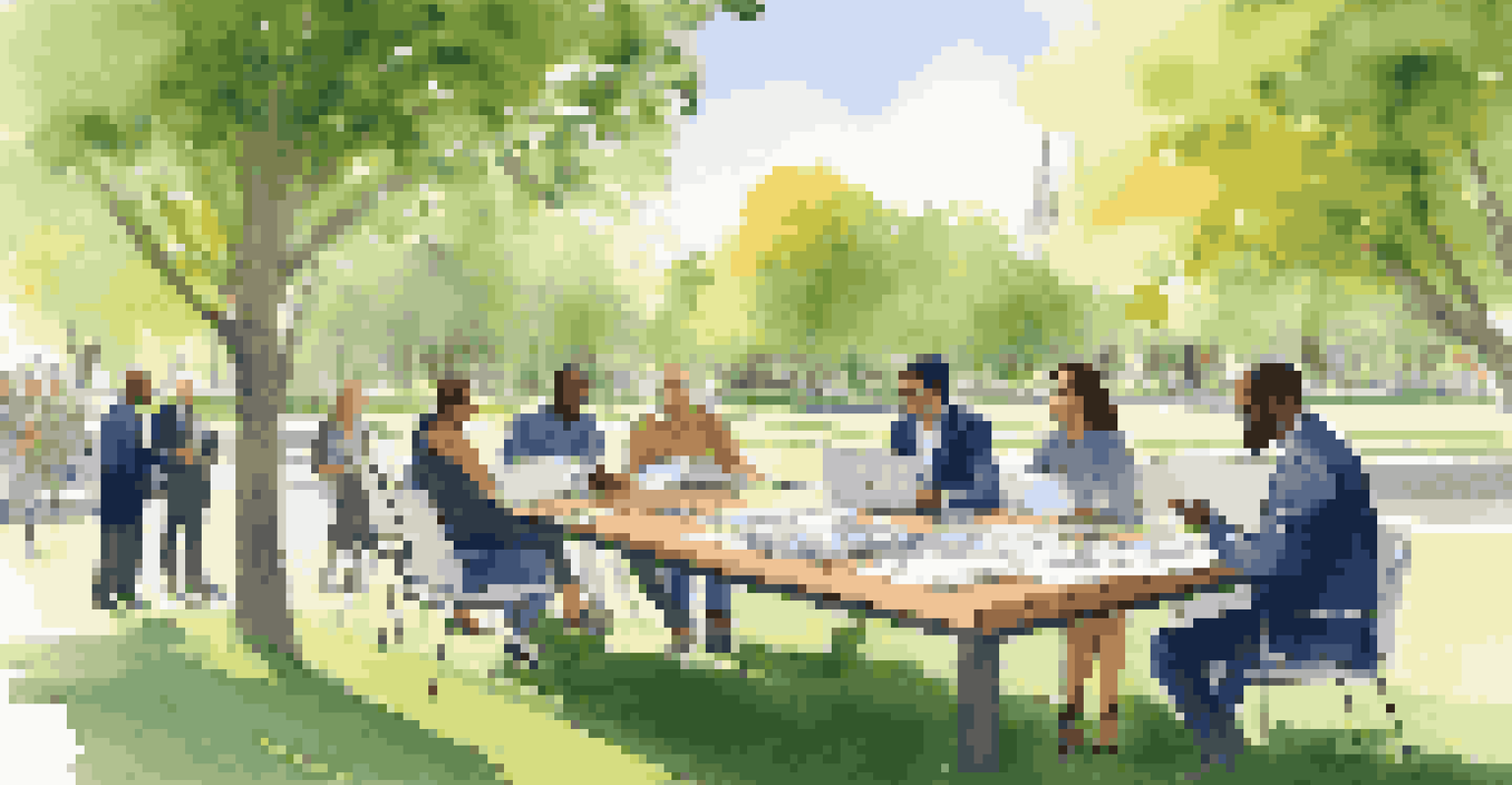 A diverse group of individuals collaborating outdoors, discussing supply chain strategies at a table.