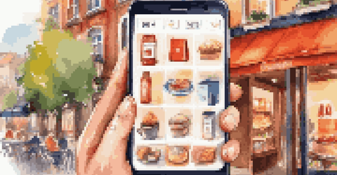 A smartphone screen showing a colorful shopping app in a café environment.