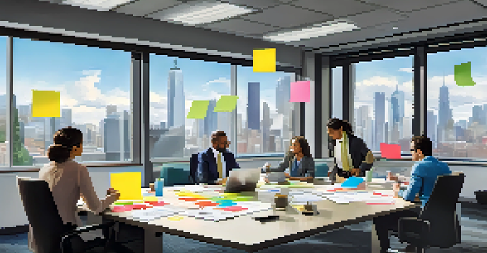 A diverse team of professionals working together in a bright office, discussing ideas around a modern table with laptops and documents, and a city skyline visible through large windows.