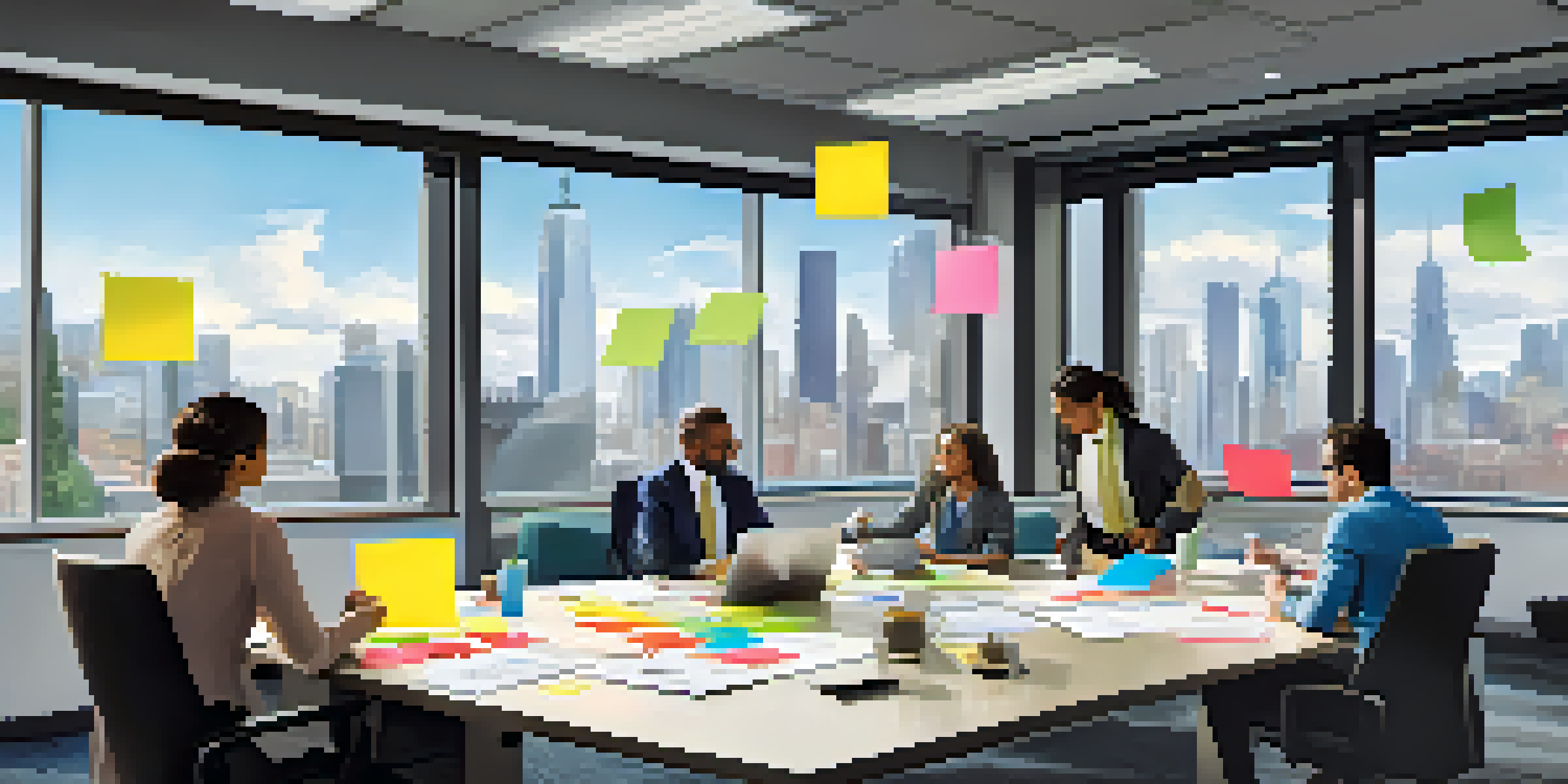 A diverse team of professionals working together in a bright office, discussing ideas around a modern table with laptops and documents, and a city skyline visible through large windows.
