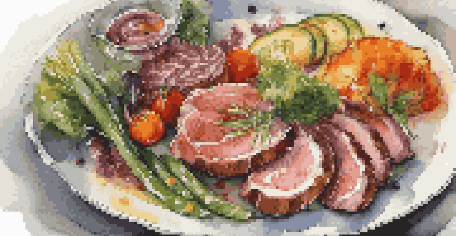 A detailed view of a gourmet meal on a plate with colorful vegetables and meat under warm lighting.