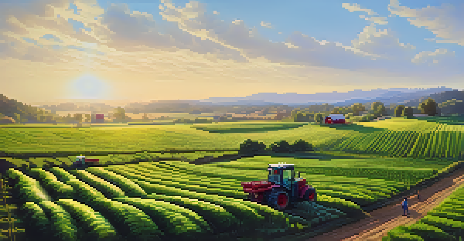 A sustainable farm landscape with workers harvesting crops under the sunlight, representing ethical farming practices.