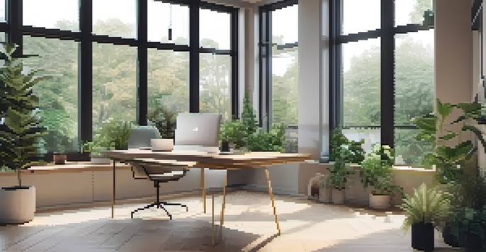 A bright and modern workspace with a wooden desk, laptop, and green plants, illuminated by natural light from large windows.