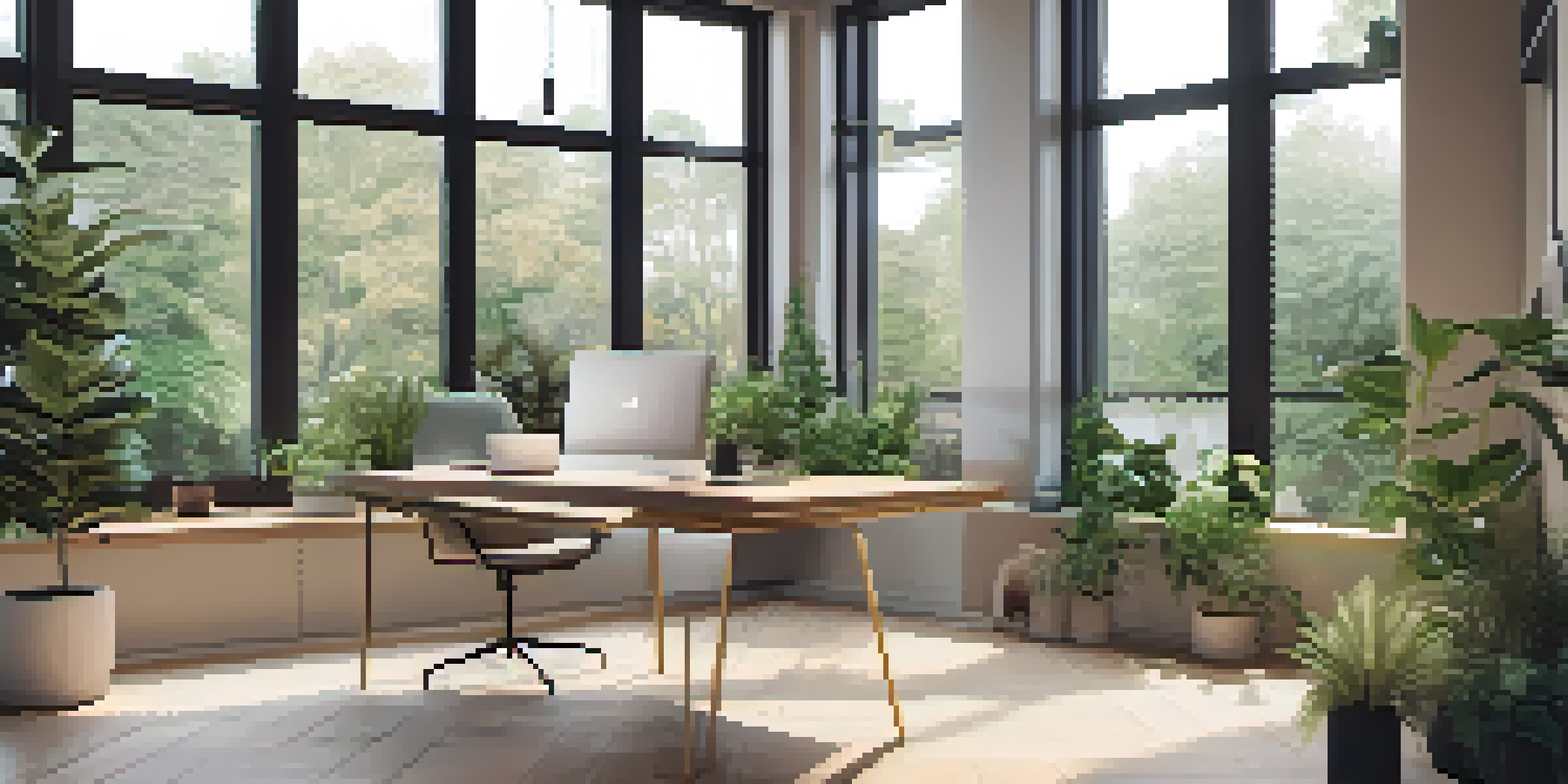 A bright and modern workspace with a wooden desk, laptop, and green plants, illuminated by natural light from large windows.