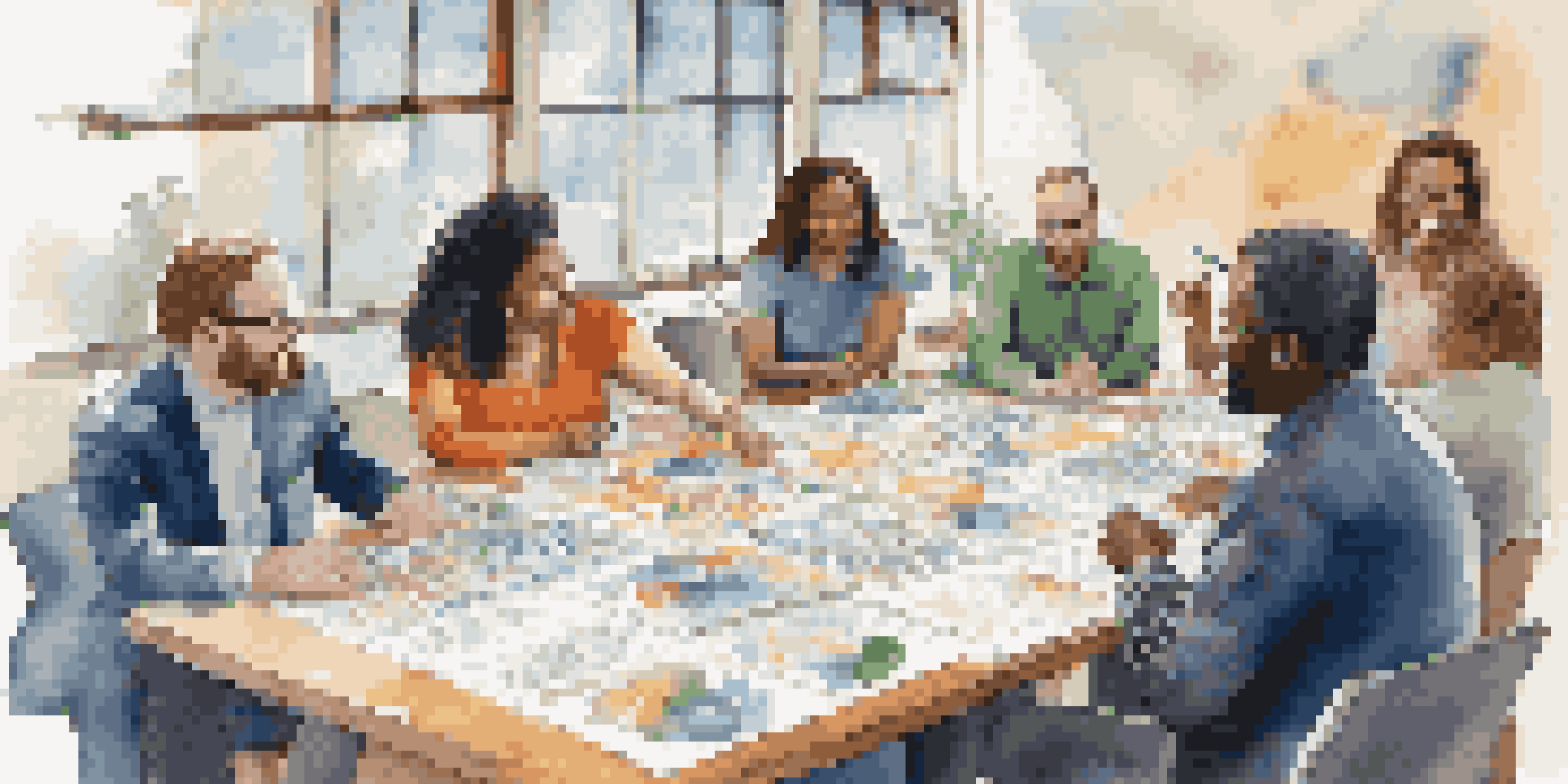 A group of diverse nonprofit team members working together around a table with a Business Model Canvas, showcasing collaboration and creativity.