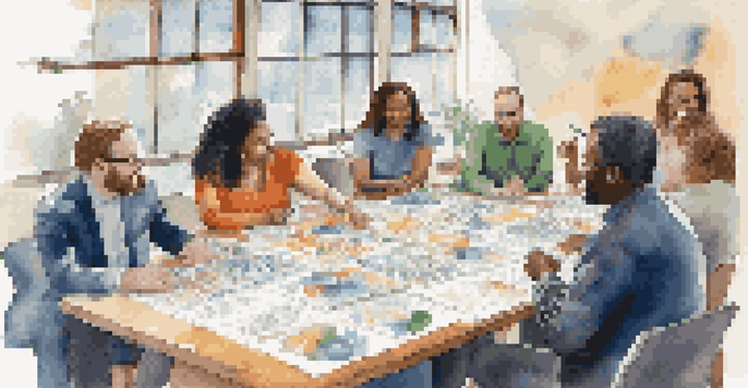 A group of diverse nonprofit team members working together around a table with a Business Model Canvas, showcasing collaboration and creativity.