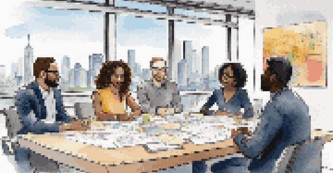 A diverse group of professionals engaged in a brainstorming session around a conference table, with a city skyline visible through large windows.