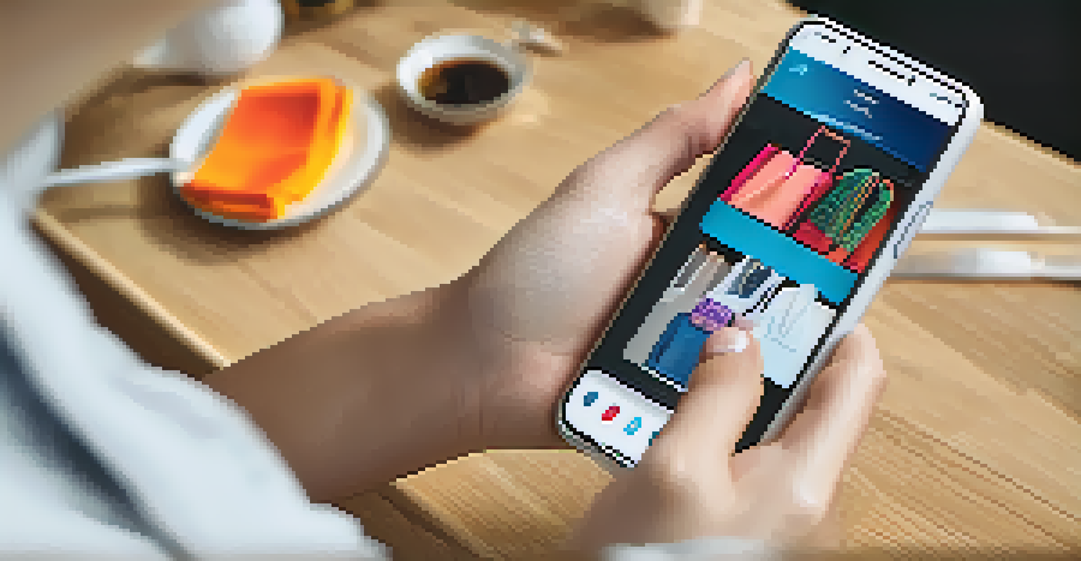 A close-up of a smartphone showing a fashion retail app with product images.