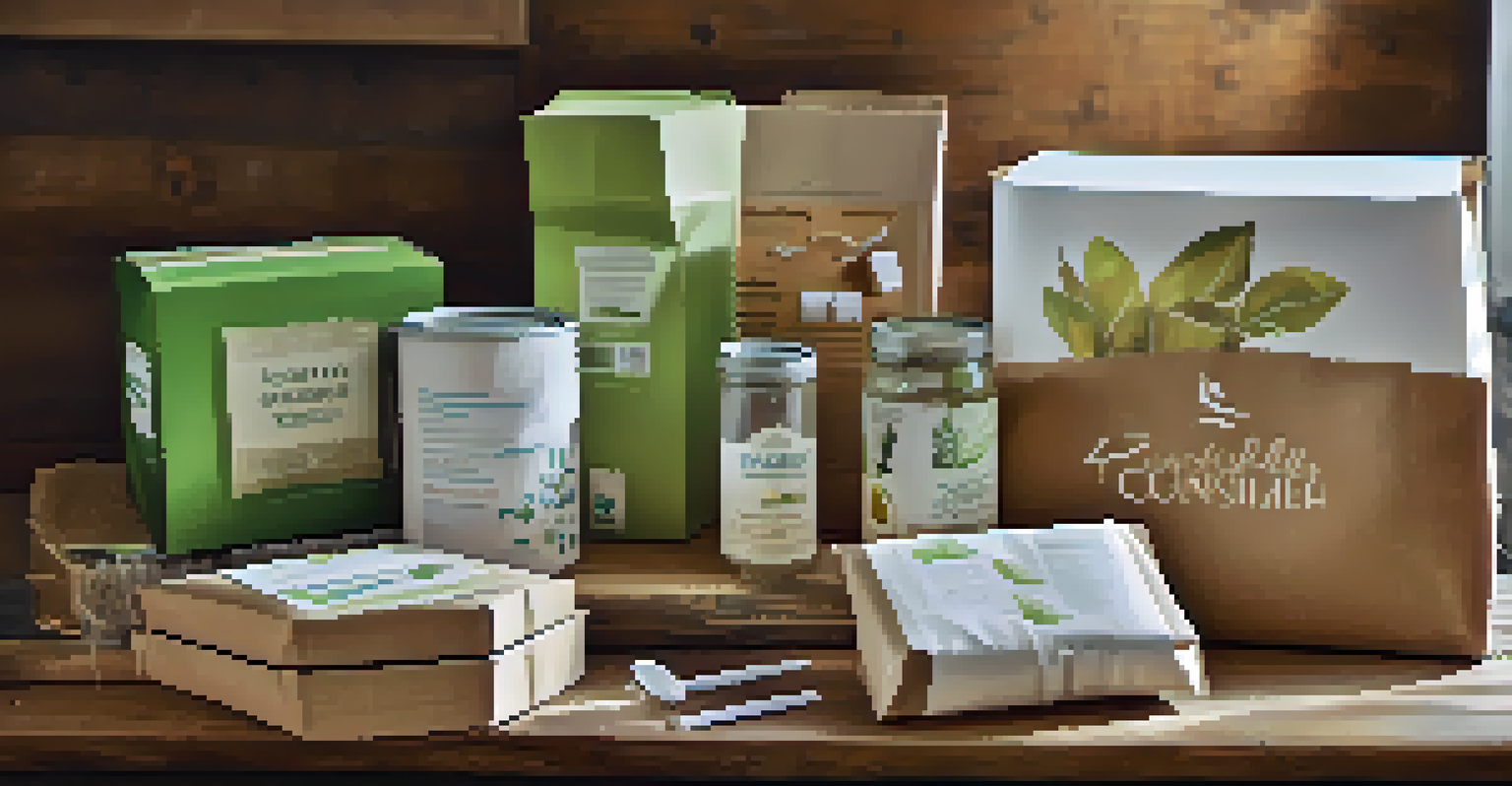 Eco-friendly packaging made of recyclable materials displayed on a wooden table under natural light.