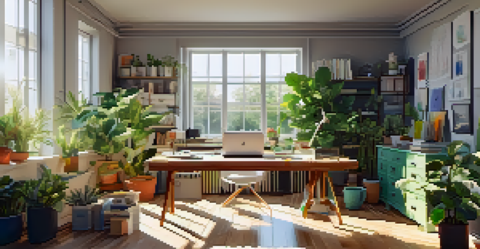 A modern workspace with a laptop, sketchbooks, and colorful prototype models under sunlight.