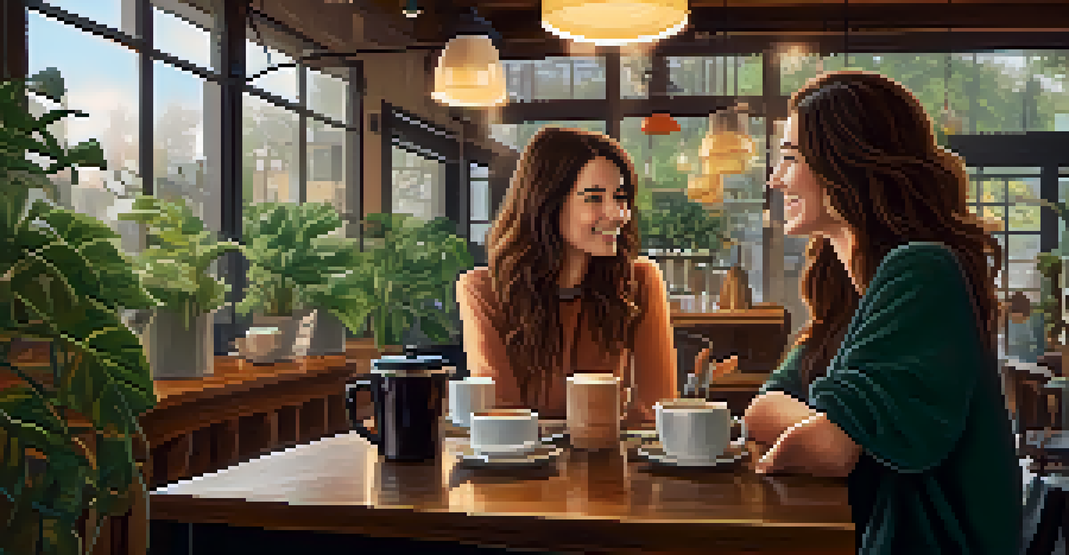 A business owner and an influencer having a meeting in a cozy coffee shop with plants and soft lighting.