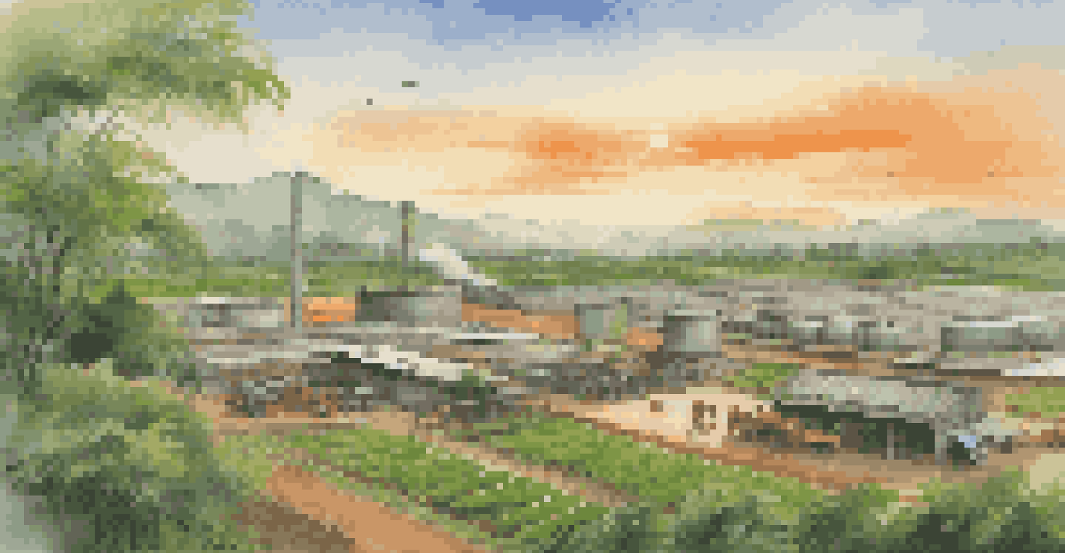 A manufacturing facility in Vietnam set against a backdrop of greenery and a sunset sky, depicting job creation and economic growth.