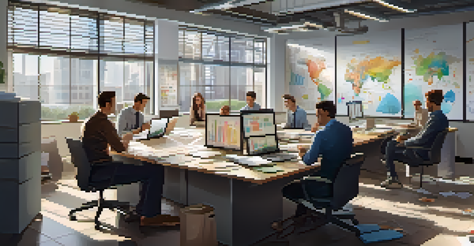 A team in an office reviewing charts and graphs together around a large table, with a screen displaying data.