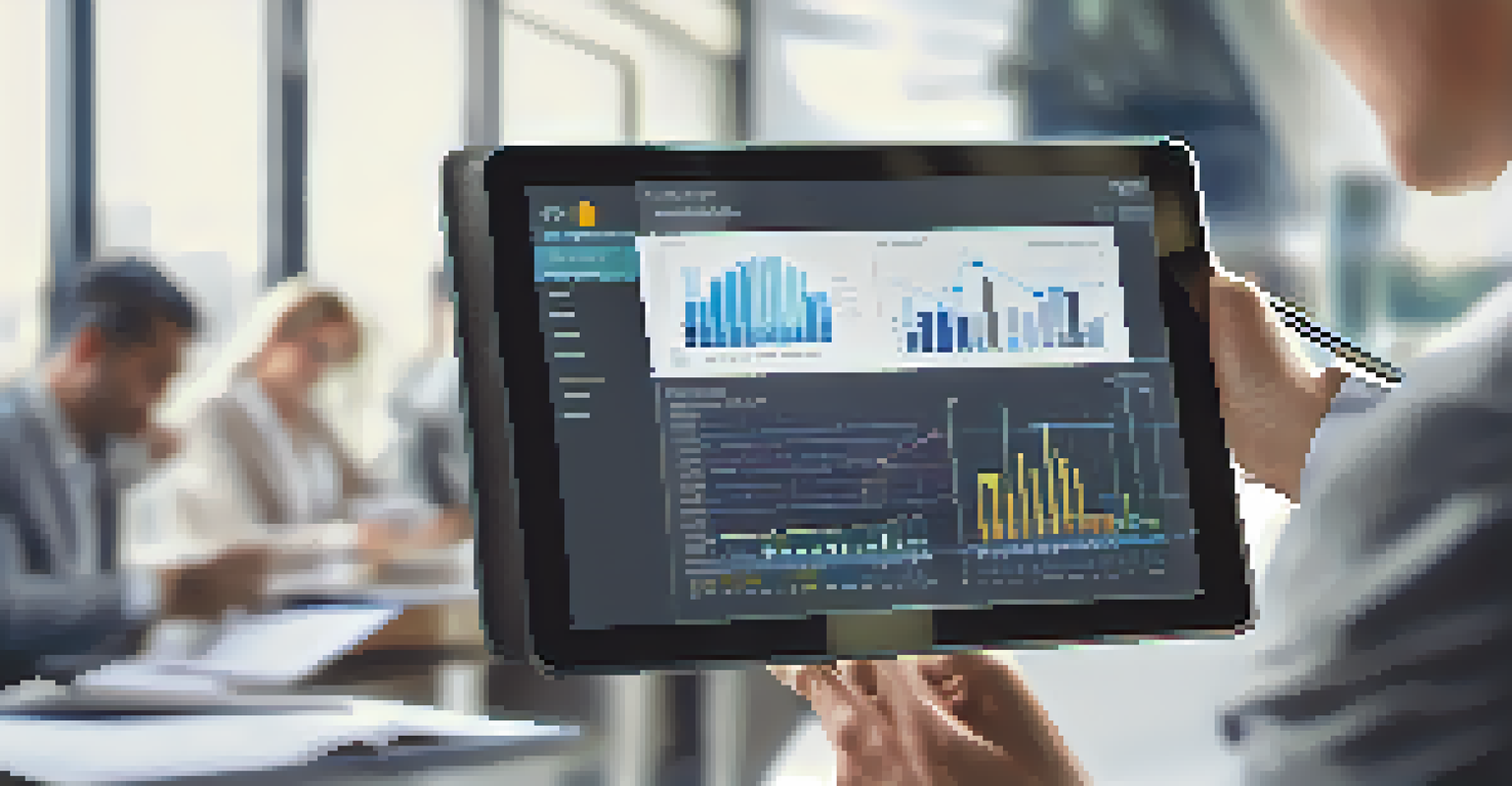 A business professional examining supply chain data on a tablet in a modern workspace, with colleagues blurred in the background.