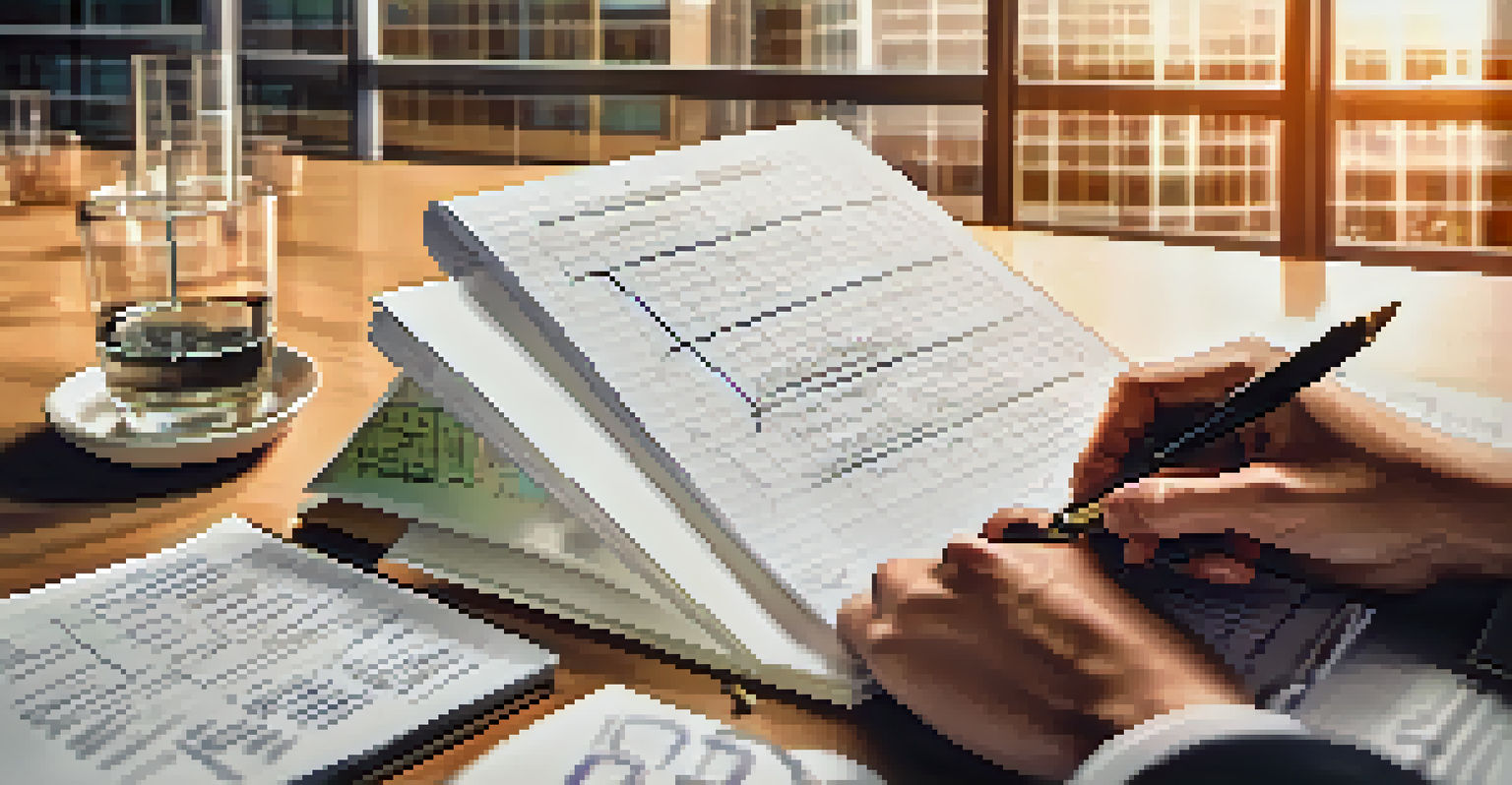 A close-up of a hand writing on a notepad with risk management notes, with a blurred corporate building and a laptop displaying analytical data in the background.