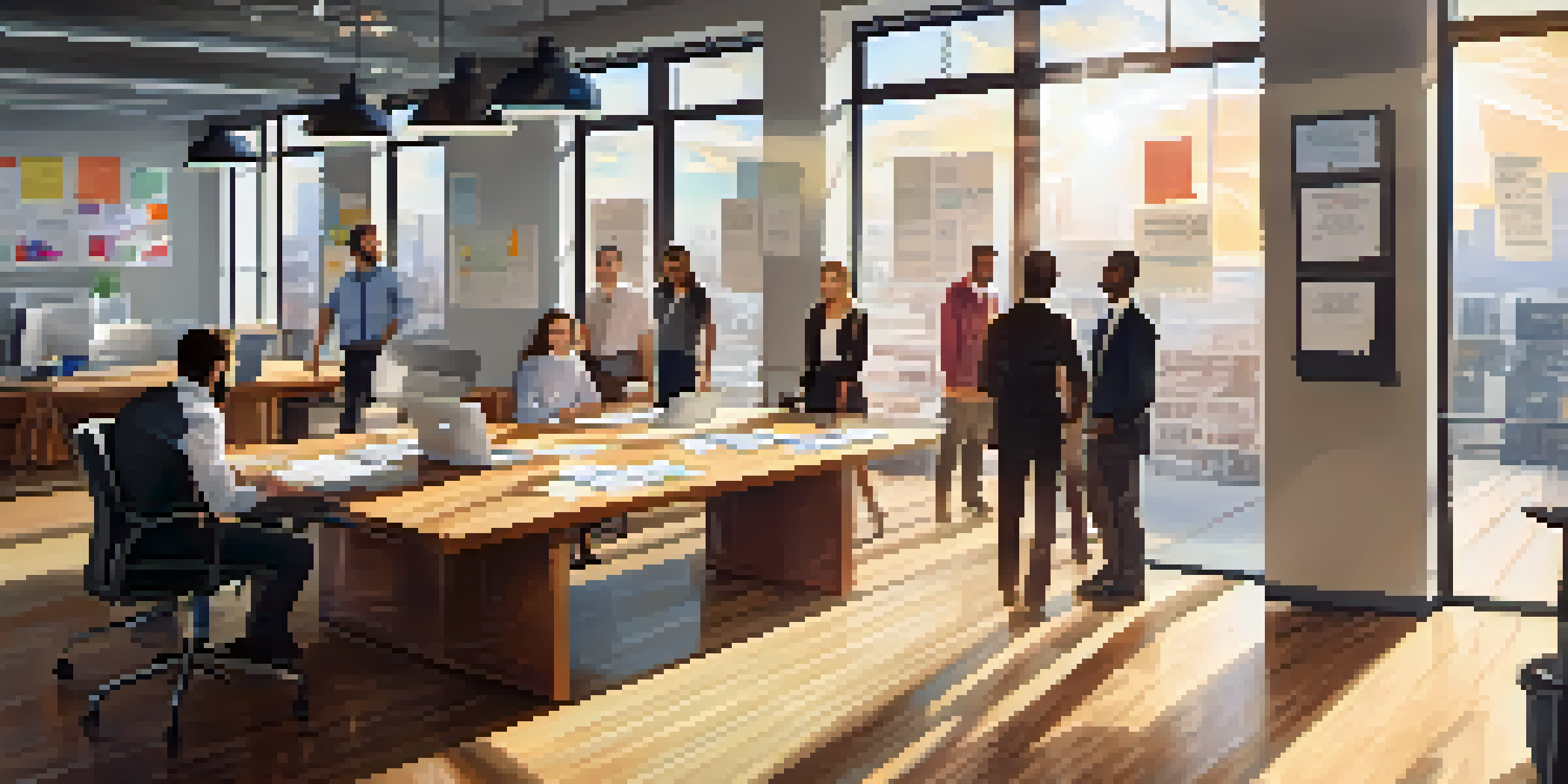 A diverse team of employees in a modern office, collaborating on innovative ideas with sunlight streaming through the windows.