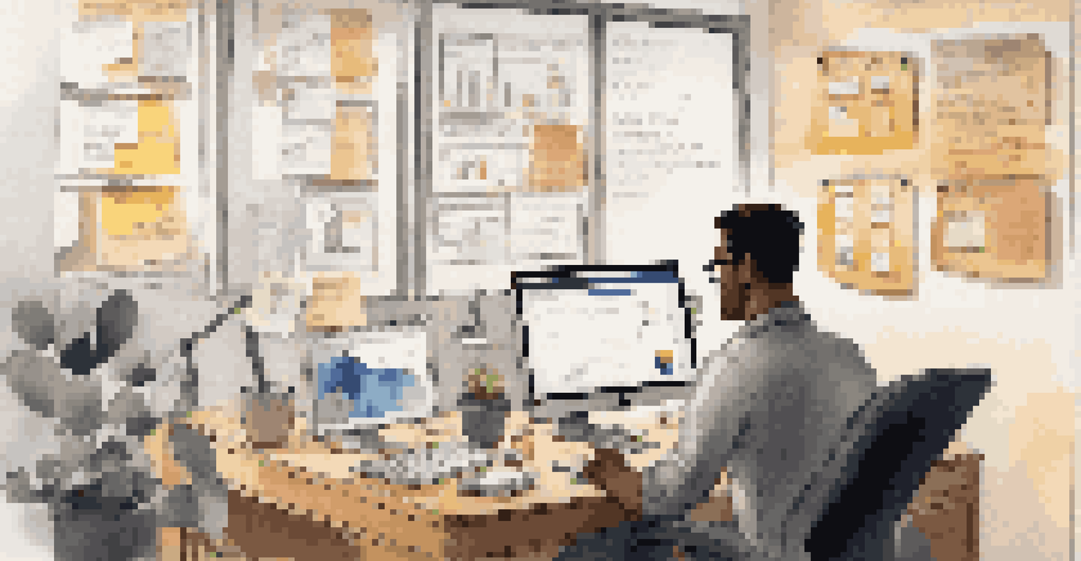 A person in an office monitoring online presence on a computer, with social media analytics and customer feedback visible.