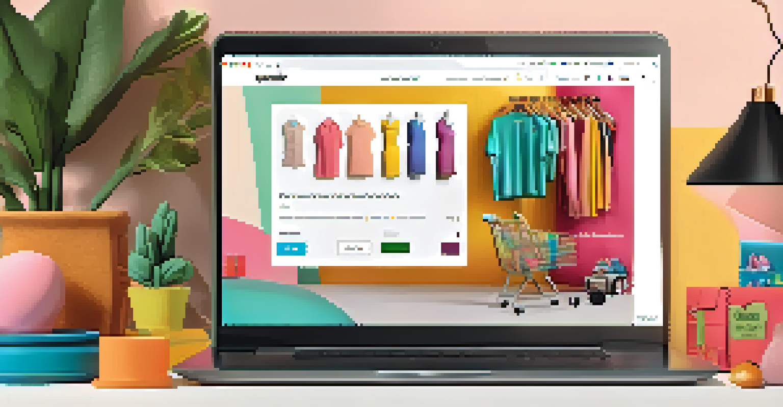 A cozy living room with a laptop showing a colorful e-commerce website, indicating a vibrant online shopping experience.