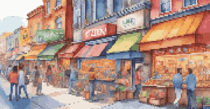 A lively scene of a social media marketplace filled with colorful storefronts representing different brands, showcasing products and engaging characters.