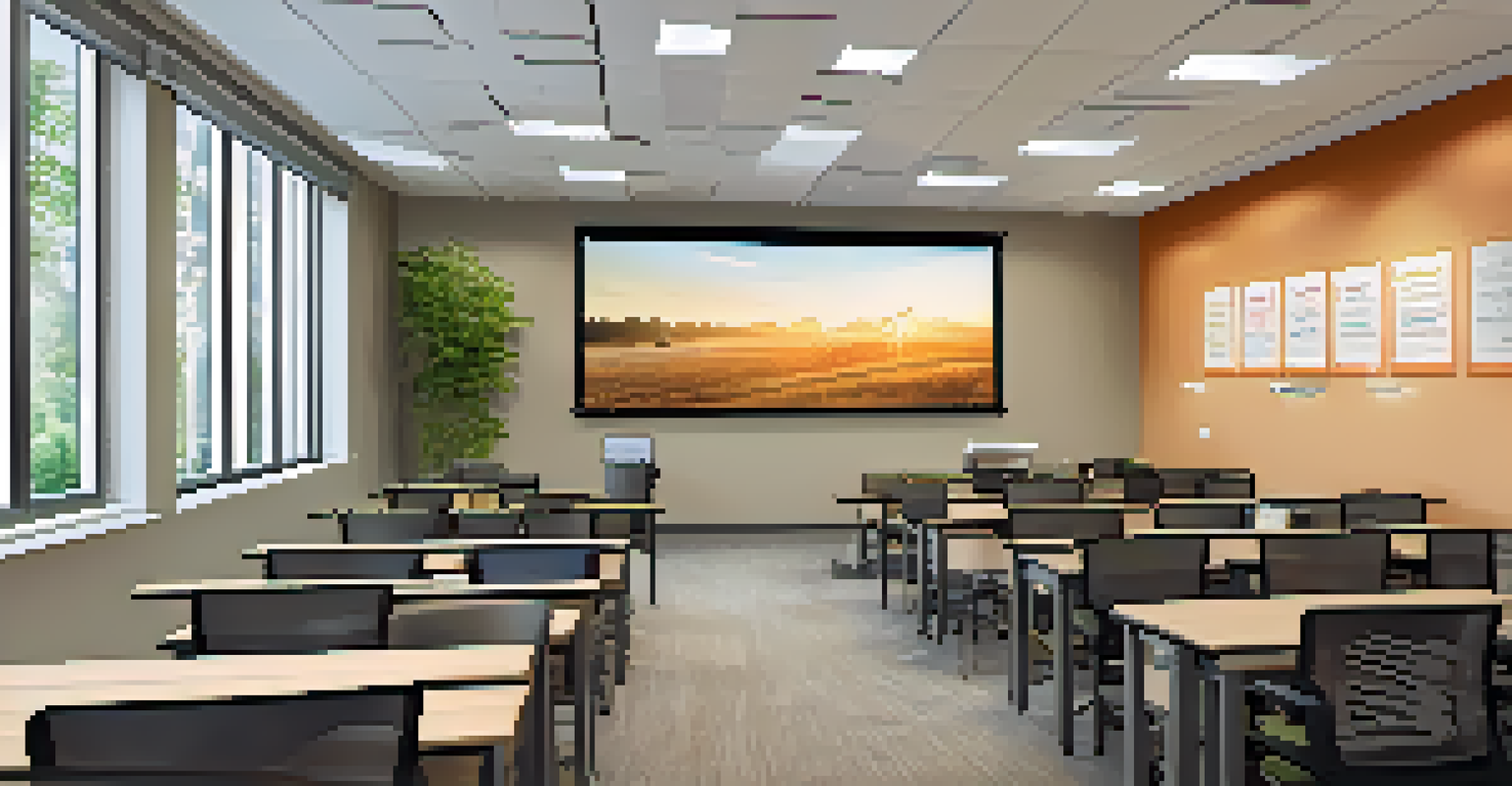 A cozy training room designed for employee development, showcasing a projector with training content and warm lighting.