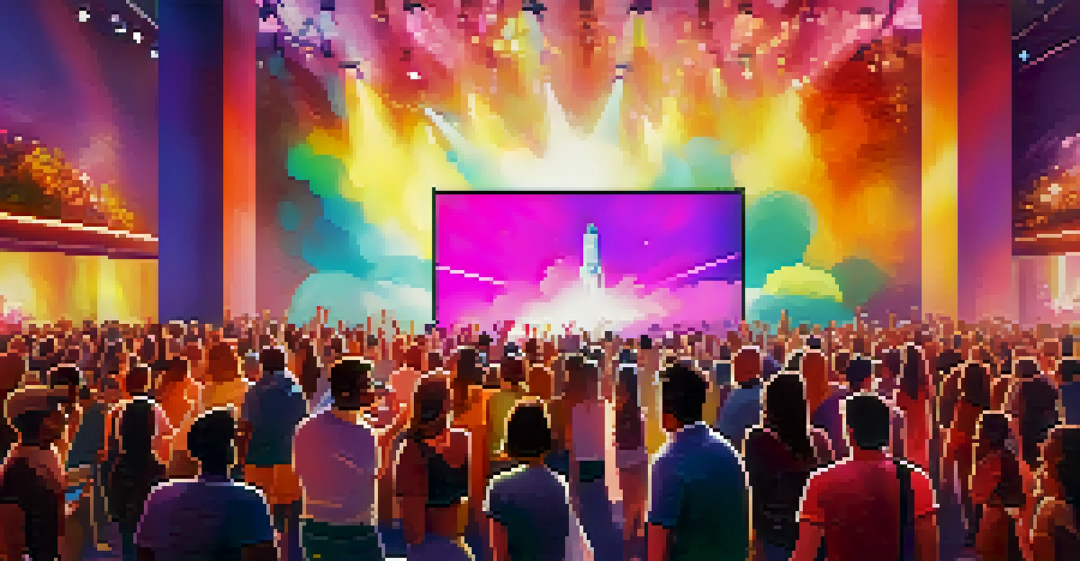 A lively product launch event with a crowd around a stage, excitedly engaging with the new product.