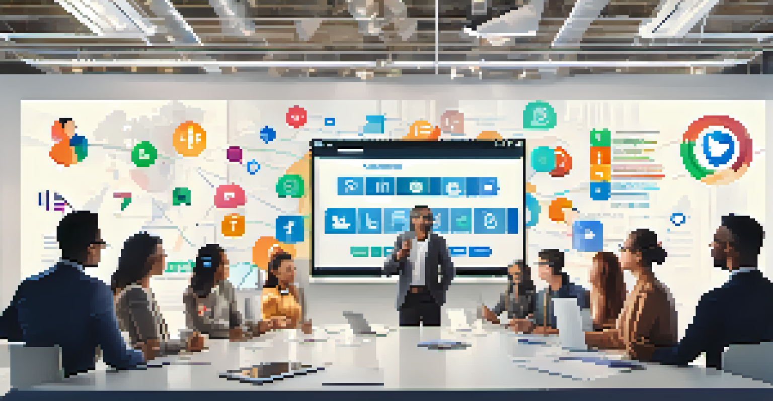 A presentation room with a large screen displaying an influencer's photo and social media icons, featuring diverse professionals brainstorming together.