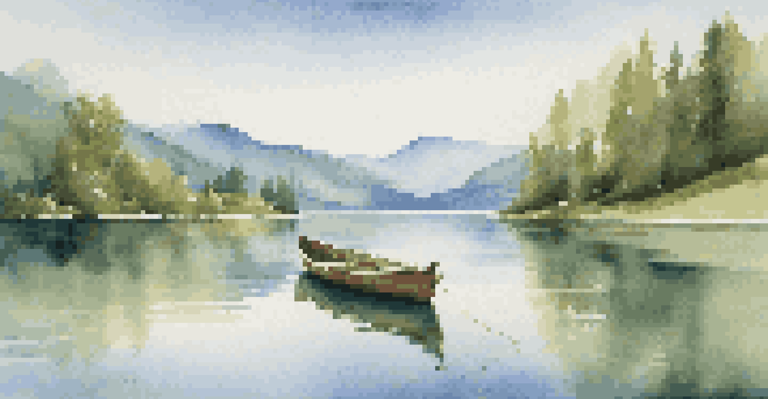 A tranquil lake surrounded by lush mountains and a clear blue sky, with a small wooden boat floating on the water.