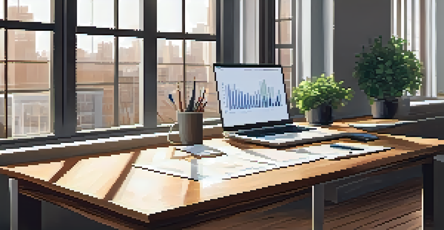 A modern office desk with financial reports and a laptop displaying stock market data, illuminated by sunlight from a window.