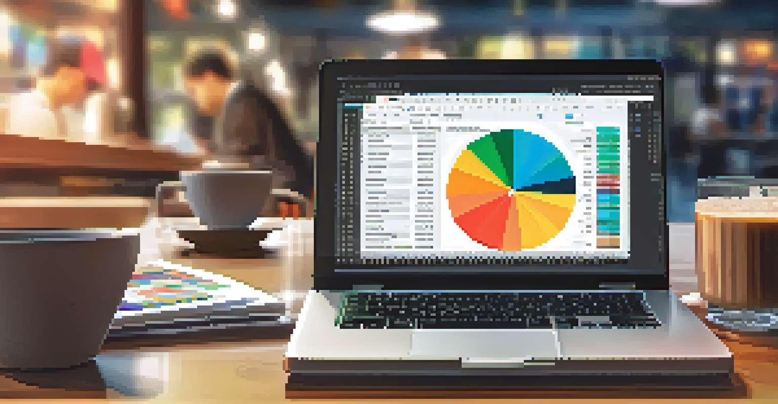 A close-up of a hand typing on a laptop with an open Excel spreadsheet showing financial data, set in a cozy coffee shop with coffee on the table.