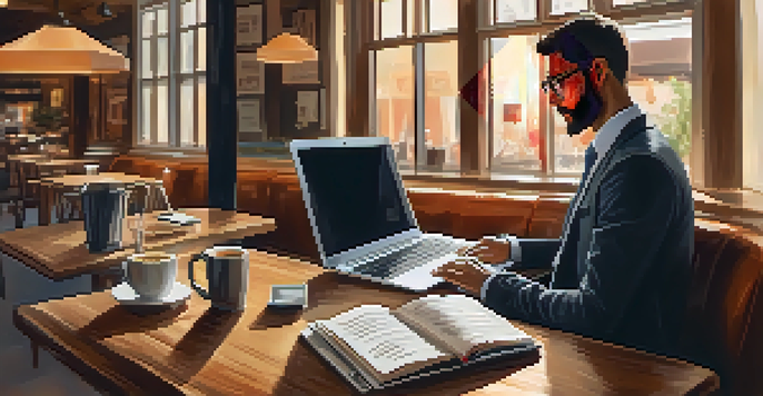 A business person working on a laptop in a cozy coffee shop, with a notepad and coffee on the table.