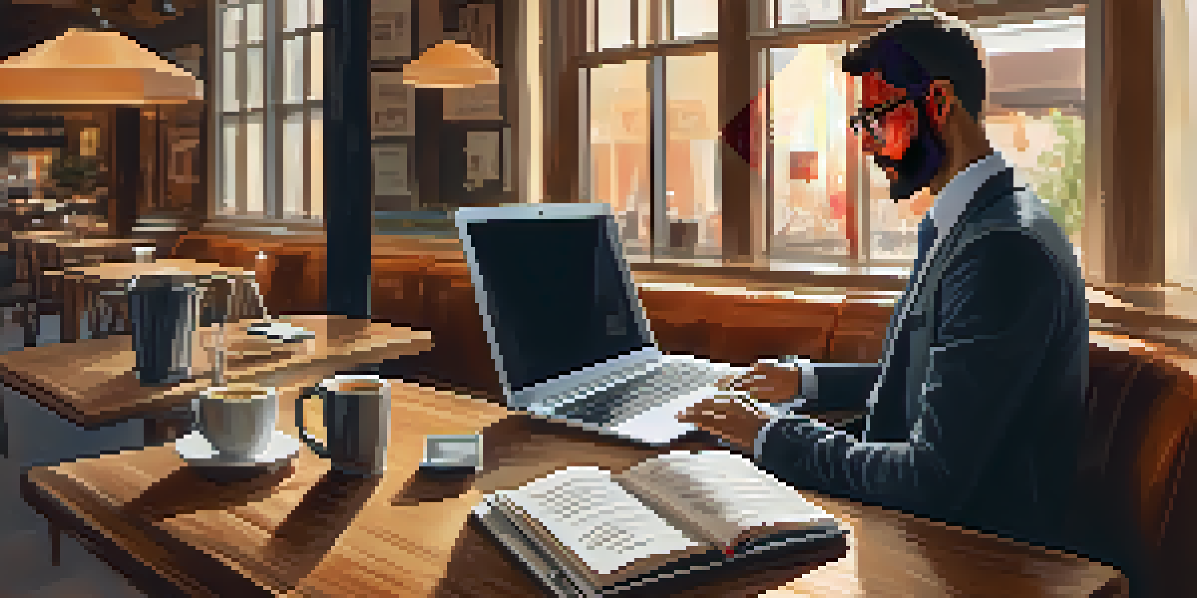 A business person working on a laptop in a cozy coffee shop, with a notepad and coffee on the table.