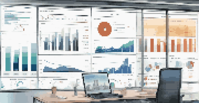A modern business dashboard on a monitor showing colorful data visualizations in a bright office setting.