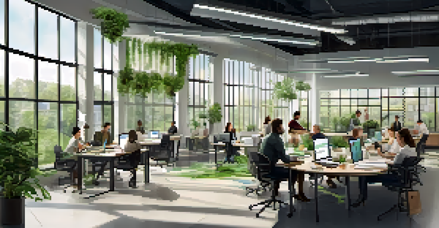 Employees collaborating in a bright open office space, surrounded by greenery and posters promoting teamwork.