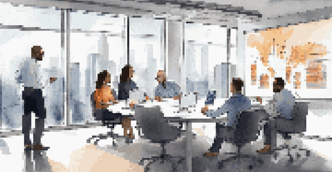 A diverse group of professionals discussing data insights in a modern conference room with screens showing visualizations.