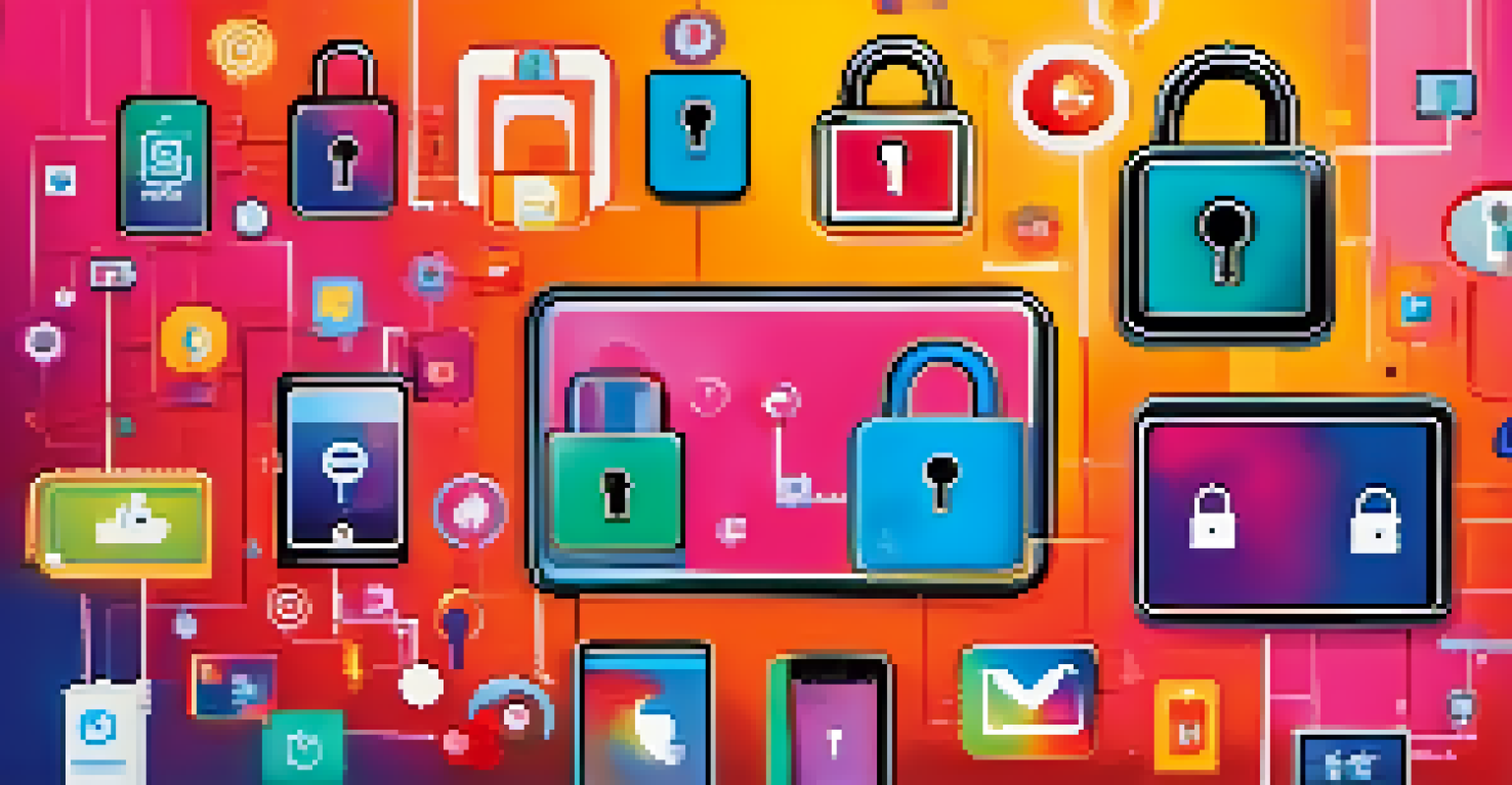An illustration of a digital lock over social media icons and data symbols, symbolizing consumer privacy.