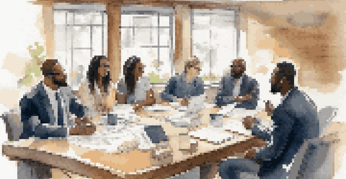 A diverse group of professionals actively participating in a meeting, displaying engagement and interest, with natural light illuminating the room.