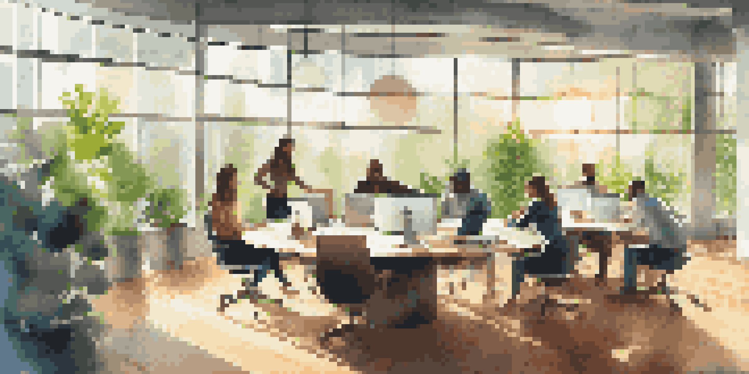 A modern office with employees working together at a round table, surrounded by plants and natural light.