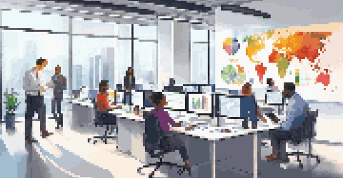 A bright modern office with diverse employees working together, analyzing data on large screens and surrounded by colorful charts and graphs.