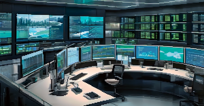 A modern supply chain control room with diverse professionals analyzing data on high-tech monitors, with a cityscape view outside.