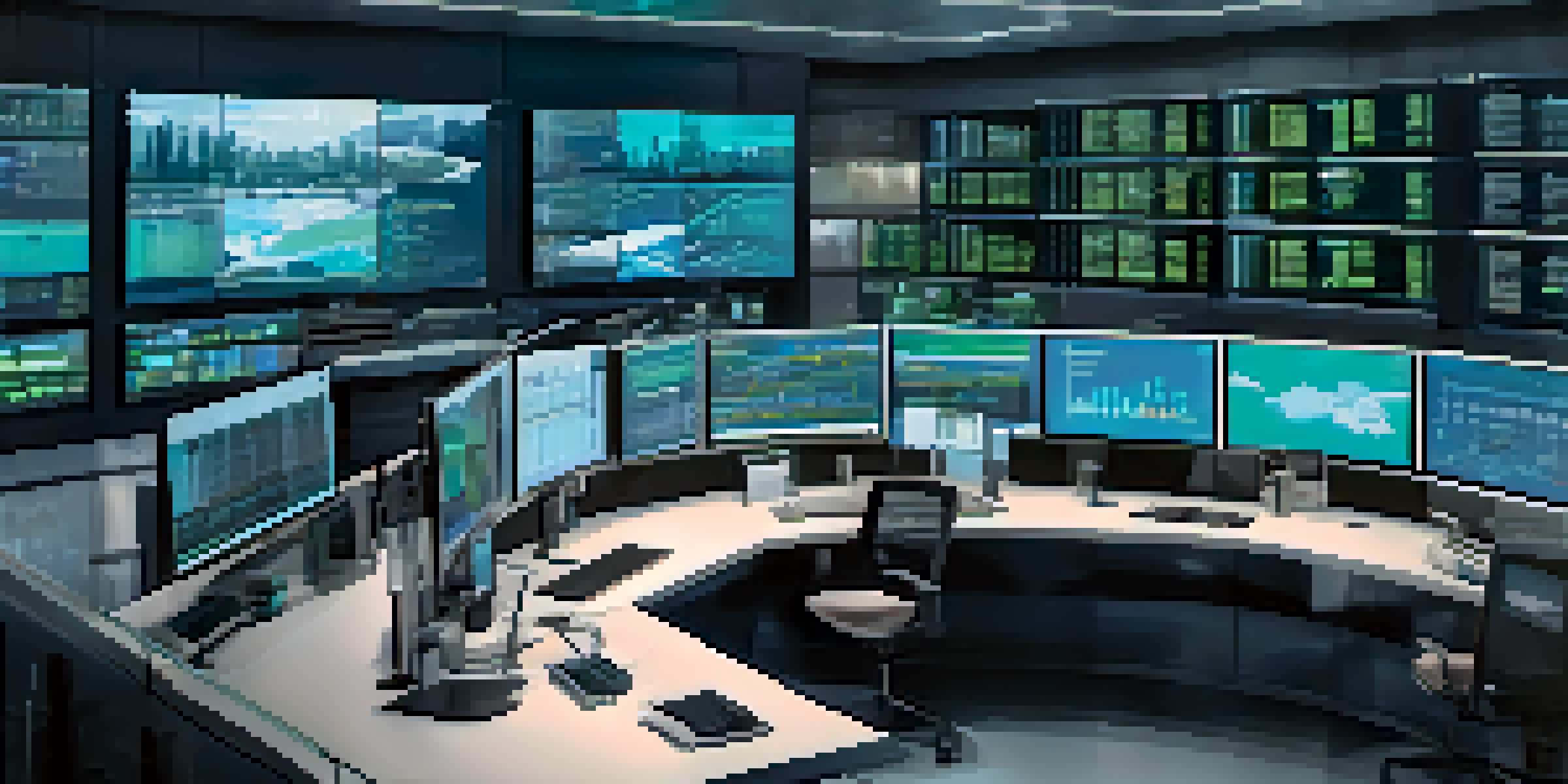 A modern supply chain control room with diverse professionals analyzing data on high-tech monitors, with a cityscape view outside.