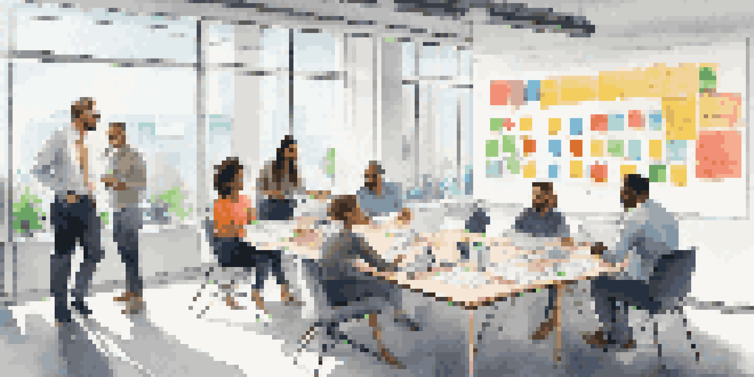 A diverse team working together in a bright office, discussing ideas around a whiteboard filled with sticky notes.