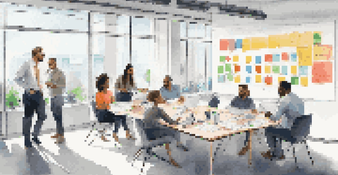 A diverse team working together in a bright office, discussing ideas around a whiteboard filled with sticky notes.